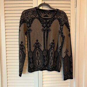 Schiffhauer cardigan sweater 42 tan black crewneck long sleeves snap closure